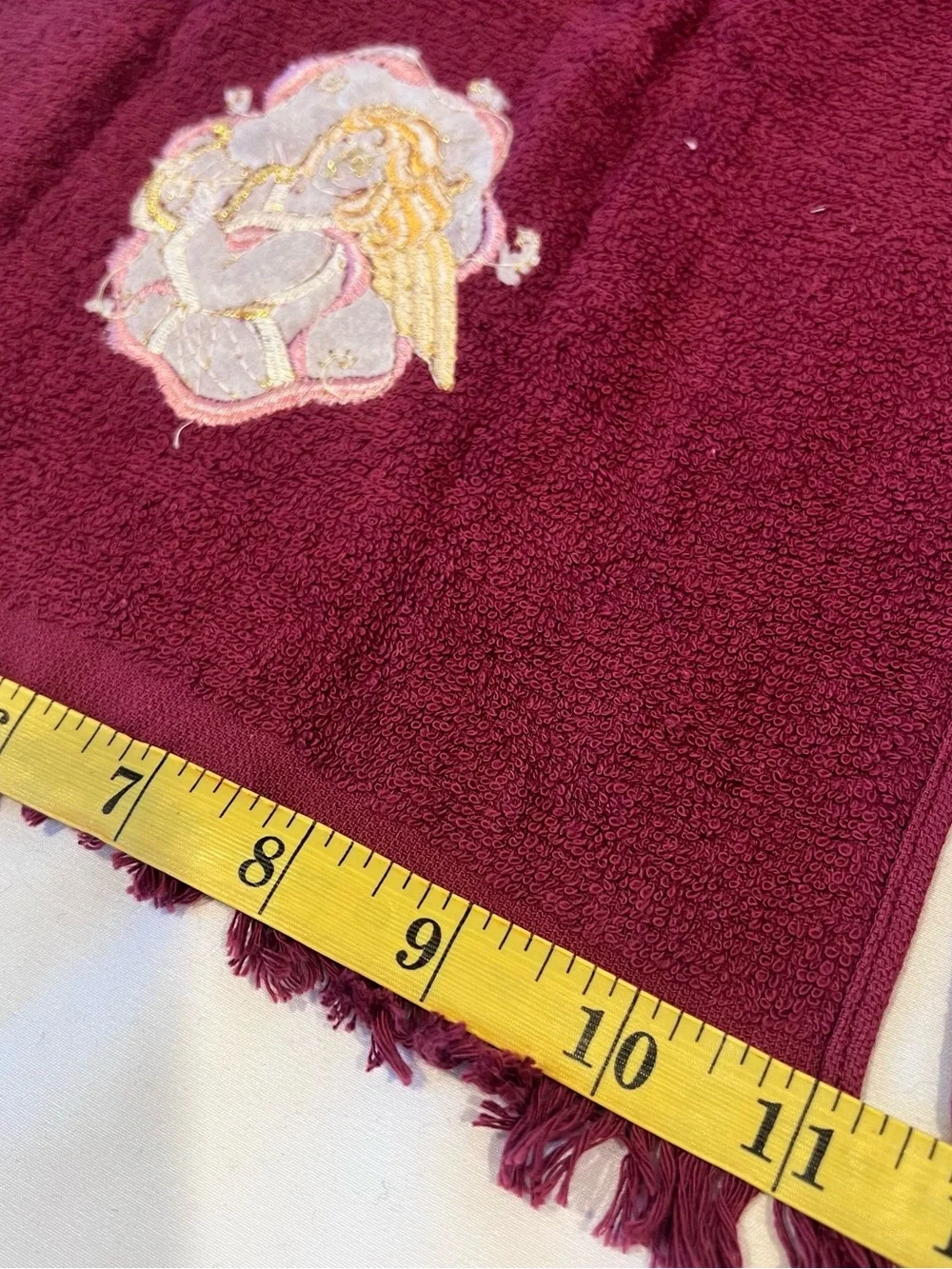 Vintage Angel Embroidered Hand Towels Set Burgundy Cotton Fringe Pair